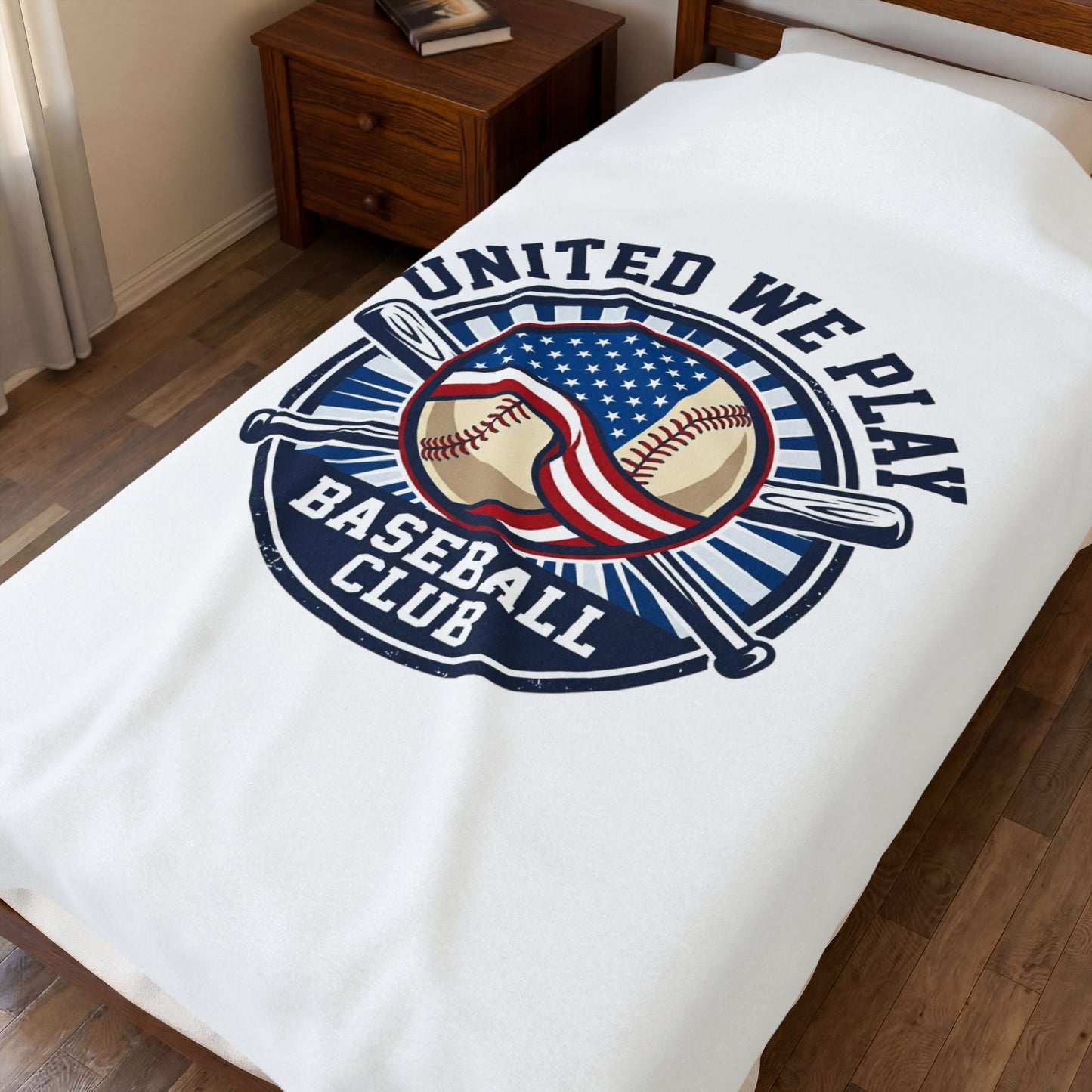 United We Play Baseball Club Velveteen Plush Blanket | patriotic baseball graphic, vintage ballpark aesthetic
