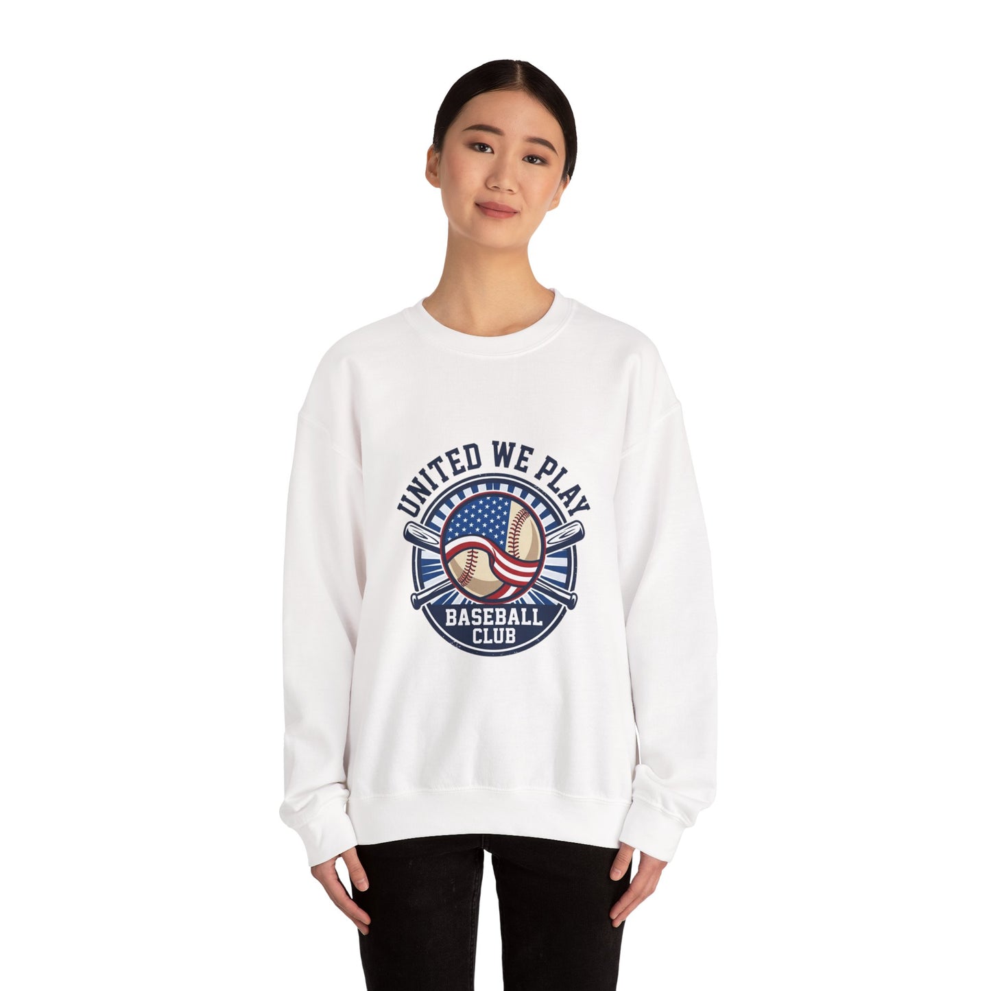 United We Play Baseball Club Sweatshirt | patriotic baseball graphic, vintage ballpark aesthetic