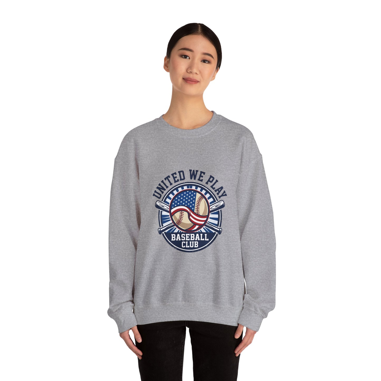 United We Play Baseball Club Sweatshirt | patriotic baseball graphic, vintage ballpark aesthetic