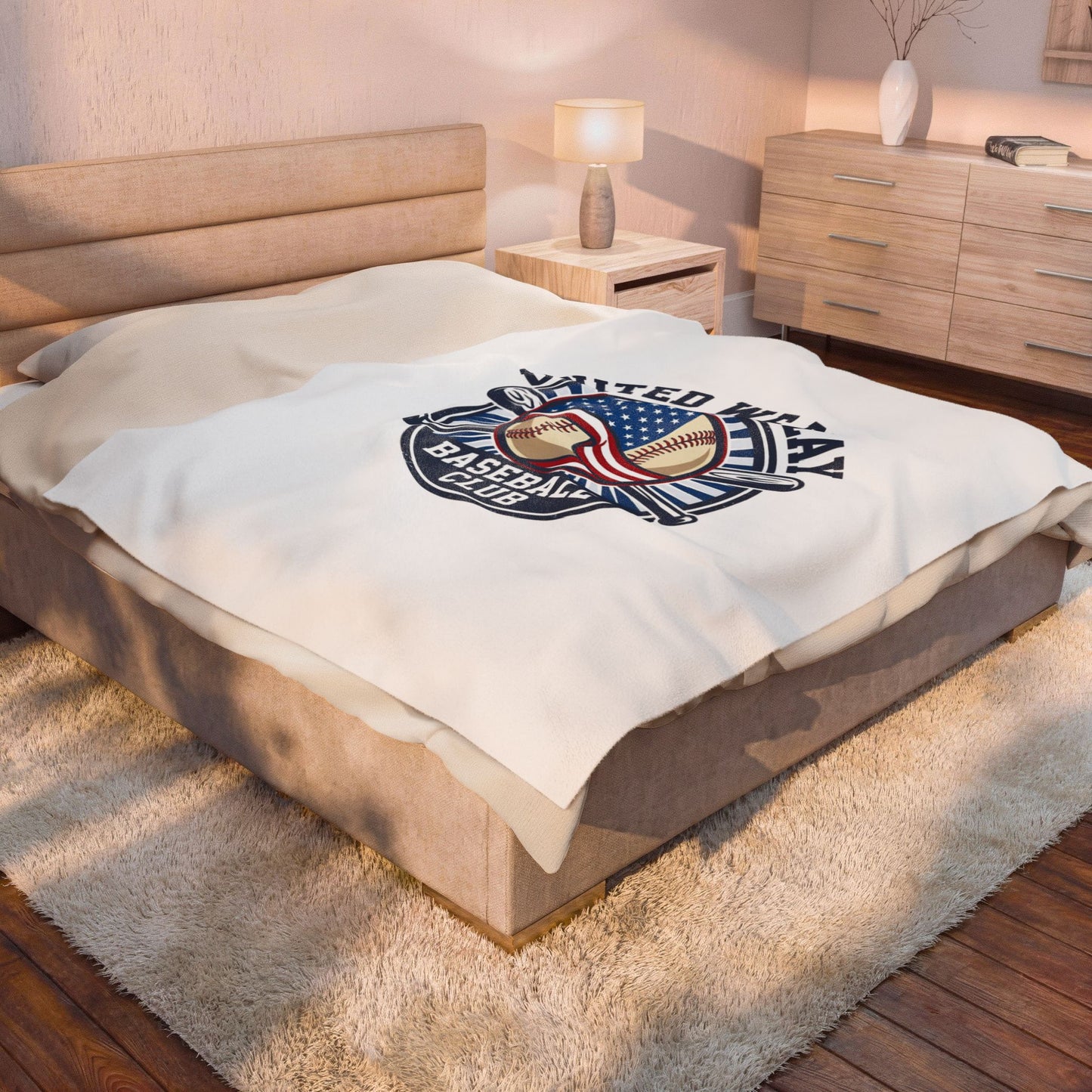 United We Play Baseball Club Velveteen Plush Blanket | patriotic baseball graphic, vintage ballpark aesthetic