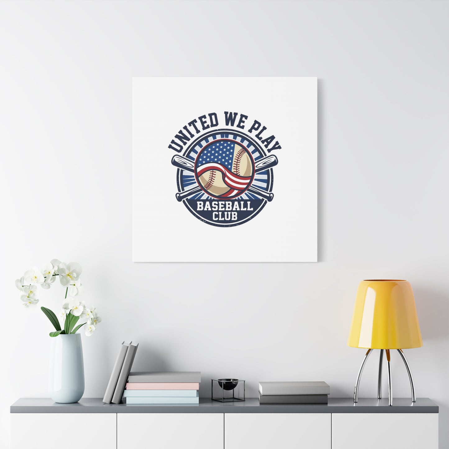 United We Play Baseball Club Canvas | Patriotic Baseball Graphic, Vintage Ballpark Aesthetic