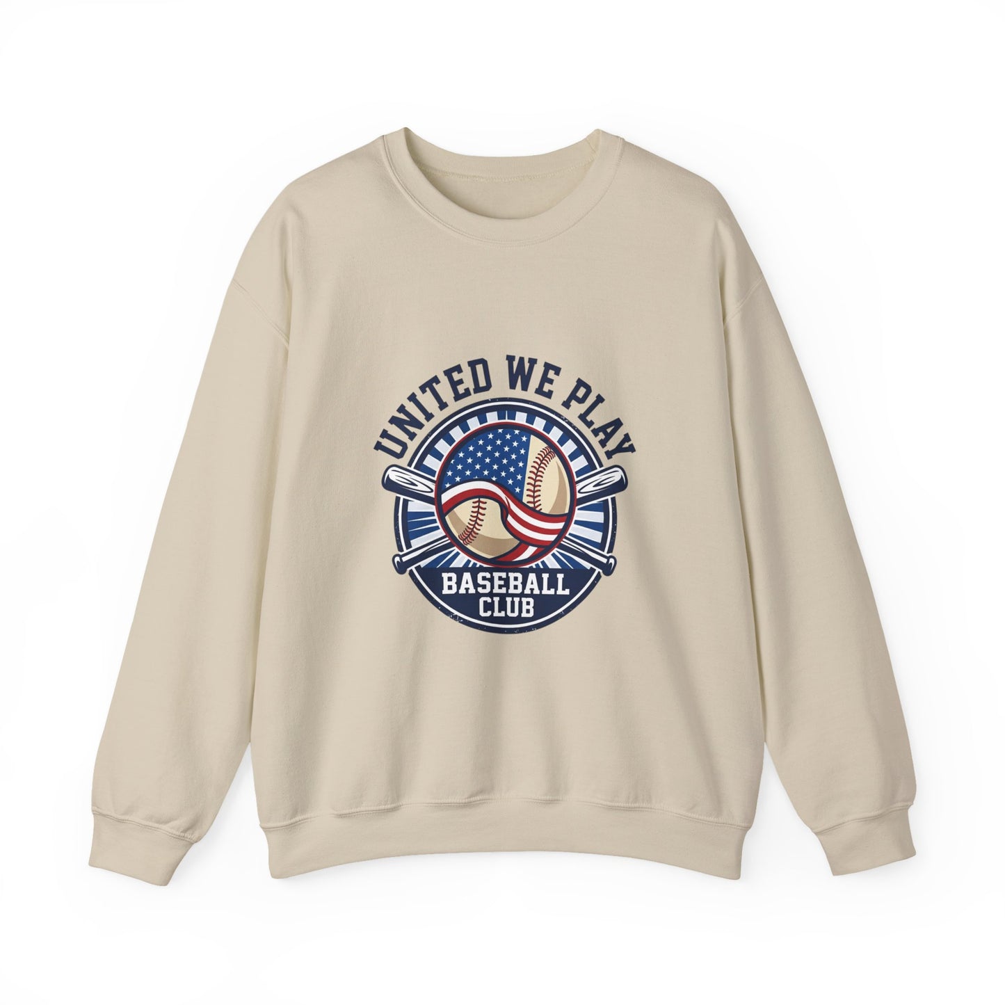 United We Play Baseball Club Sweatshirt | patriotic baseball graphic, vintage ballpark aesthetic