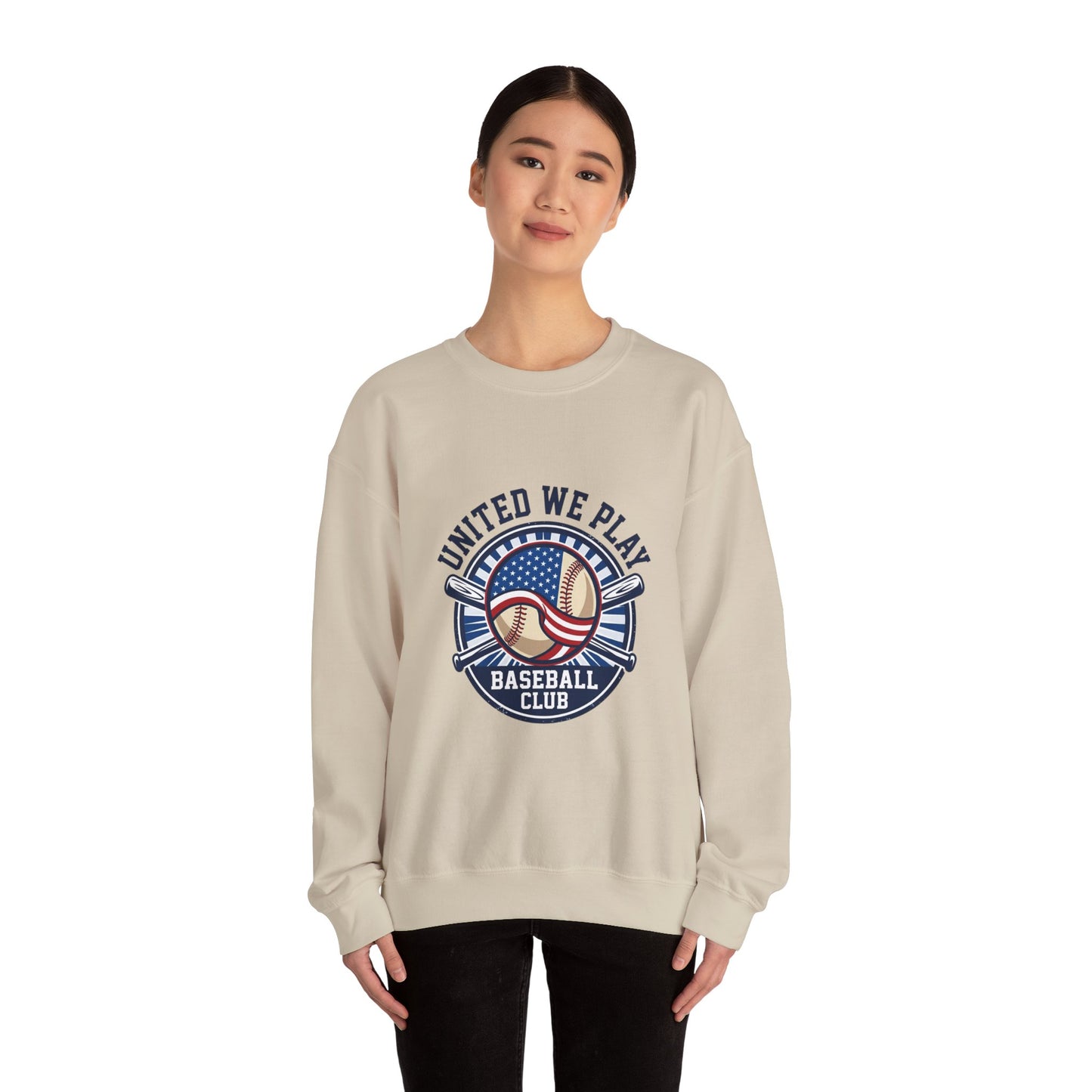 United We Play Baseball Club Sweatshirt | patriotic baseball graphic, vintage ballpark aesthetic