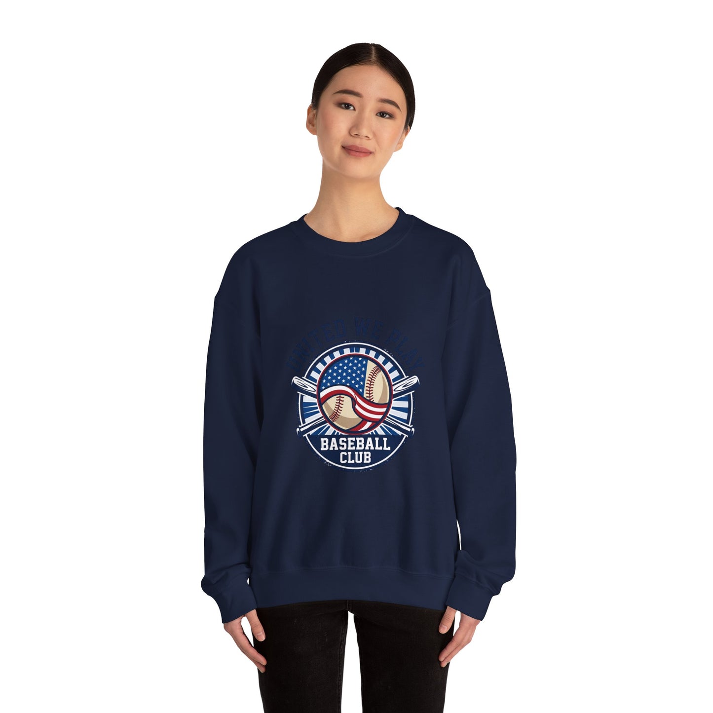 United We Play Baseball Club Sweatshirt | patriotic baseball graphic, vintage ballpark aesthetic