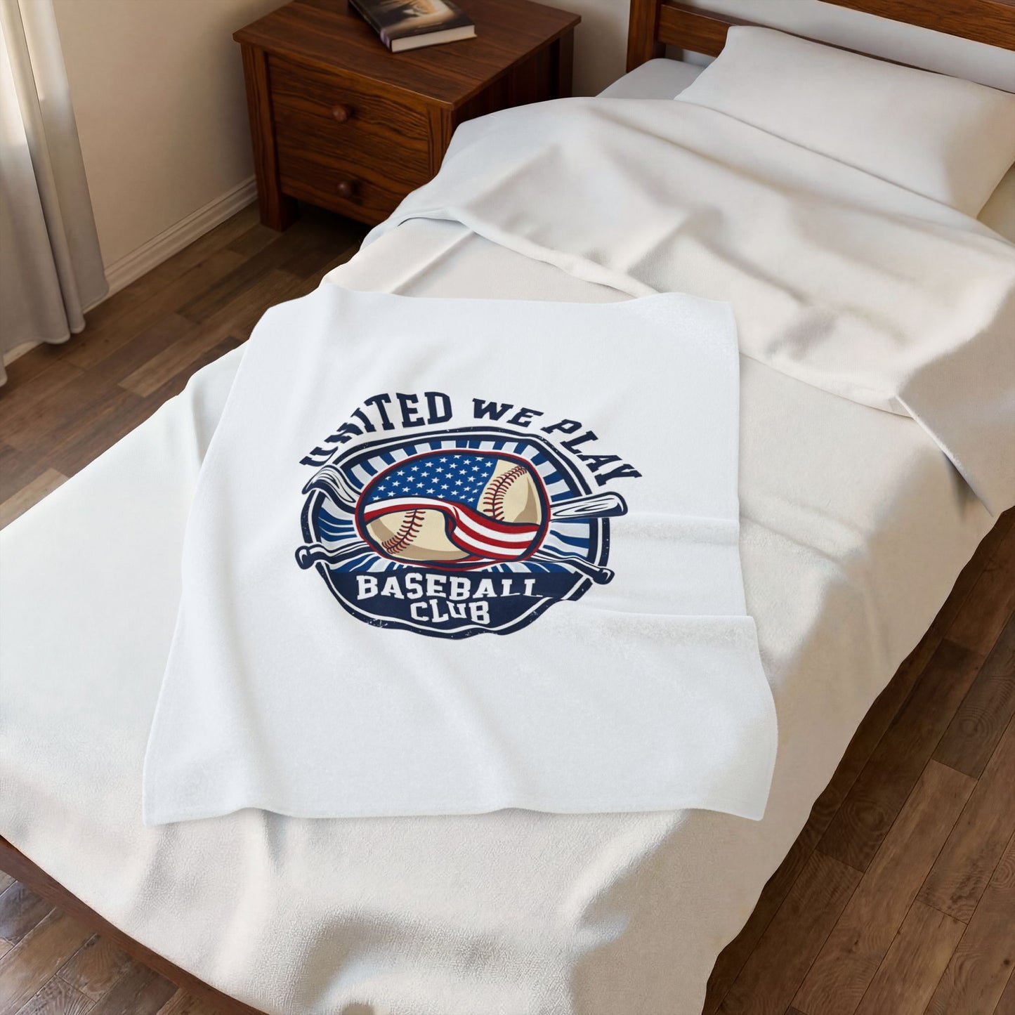 United We Play Baseball Club Velveteen Plush Blanket | patriotic baseball graphic, vintage ballpark aesthetic