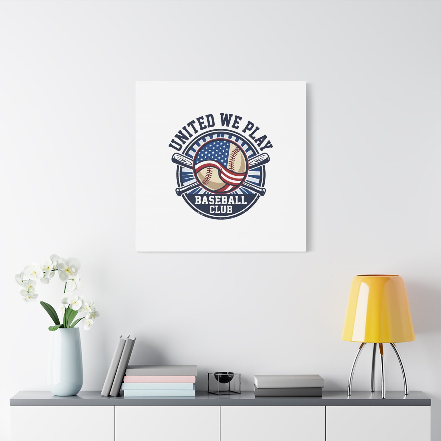 United We Play Baseball Club Canvas | Patriotic Baseball Graphic, Vintage Ballpark Aesthetic