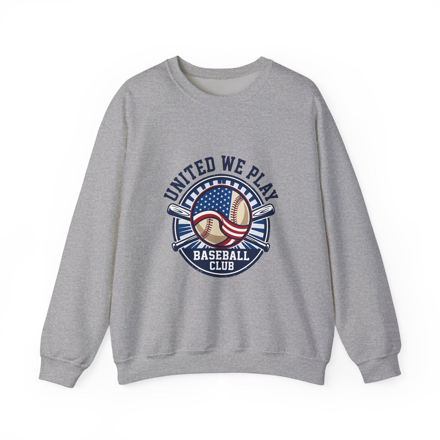 United We Play Baseball Club Sweatshirt | patriotic baseball graphic, vintage ballpark aesthetic