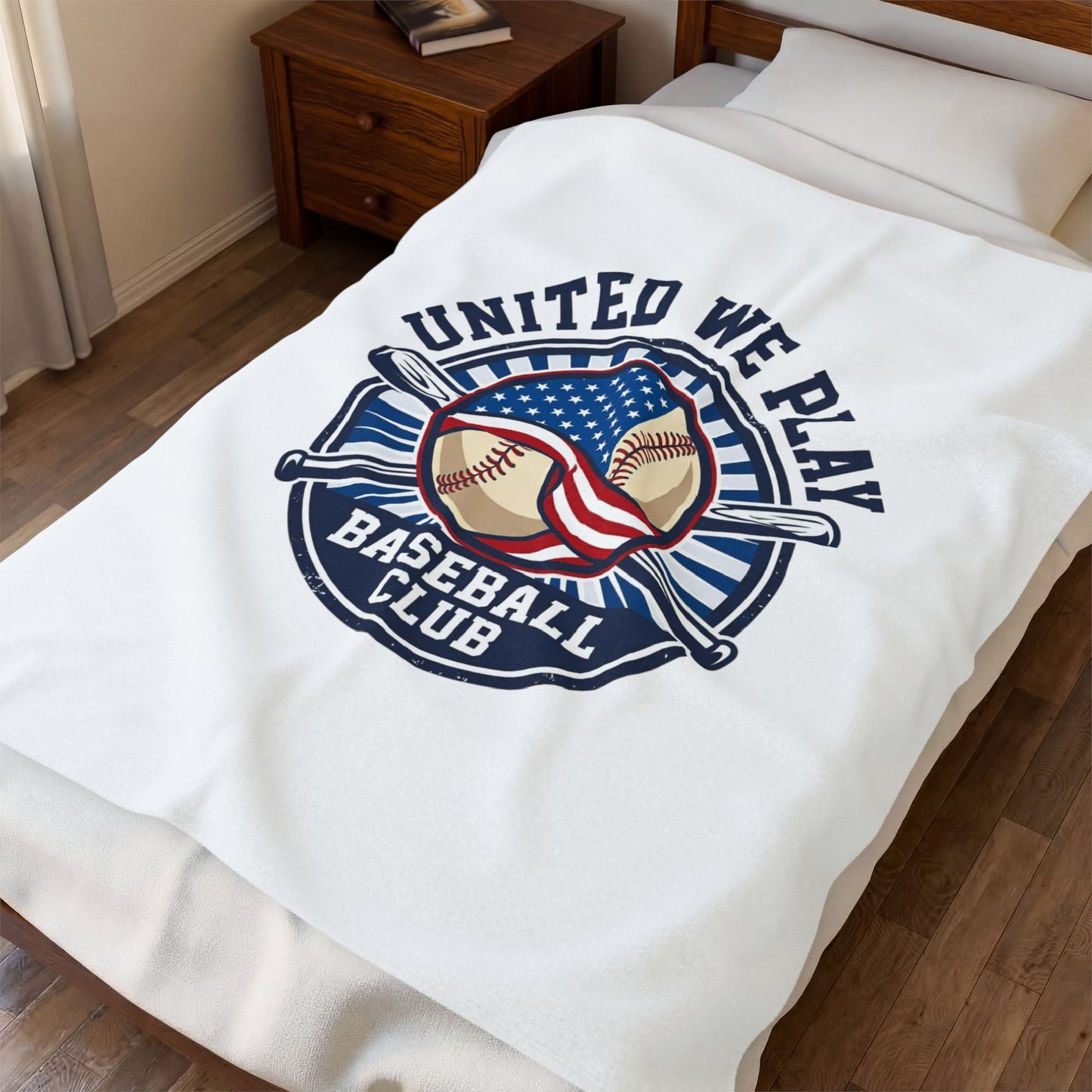 United We Play Baseball Club Velveteen Plush Blanket | patriotic baseball graphic, vintage ballpark aesthetic