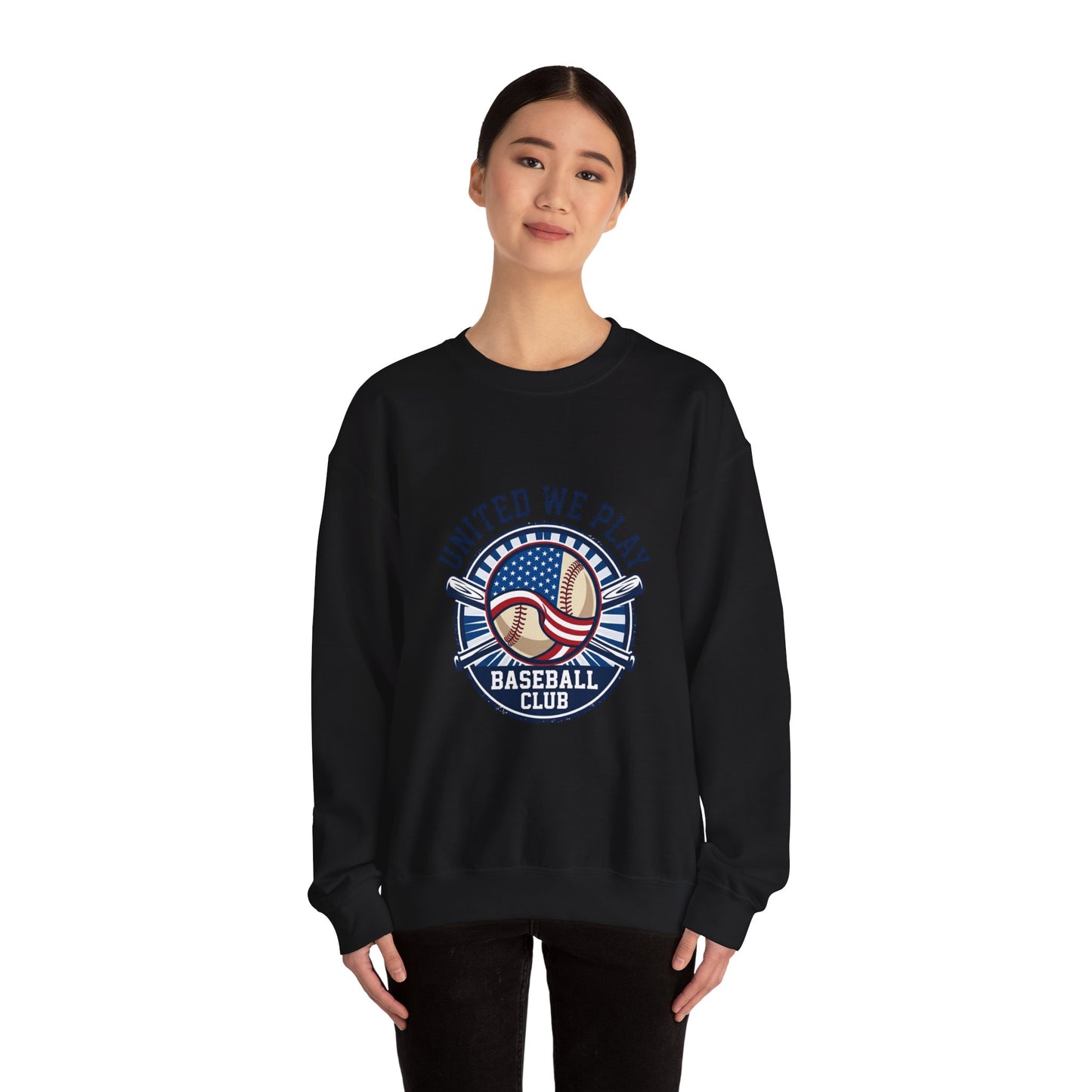 United We Play Baseball Club Sweatshirt | patriotic baseball graphic, vintage ballpark aesthetic