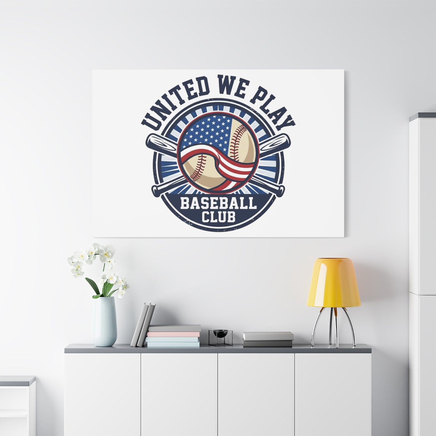 United We Play Baseball Club Canvas | Patriotic Baseball Graphic, Vintage Ballpark Aesthetic